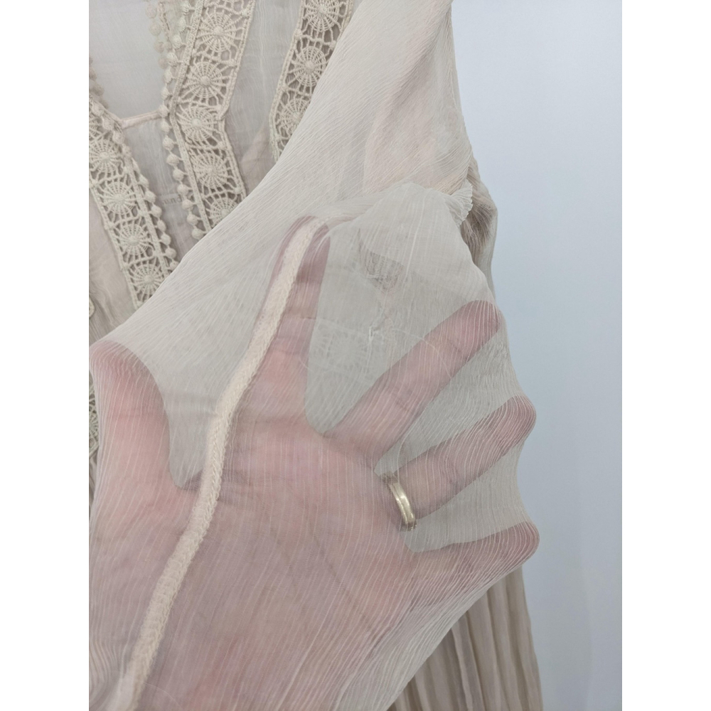 Sundance Dress Womens 6 Beige Sheer Long Sleeve Boho Peasant Lace Trimmed Midi - Picture 2 of 11